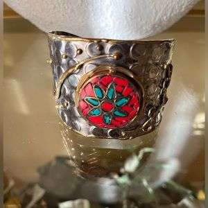 Beautiful Hammered Style Cuff Bracelet w/Faux Turquoise Stones